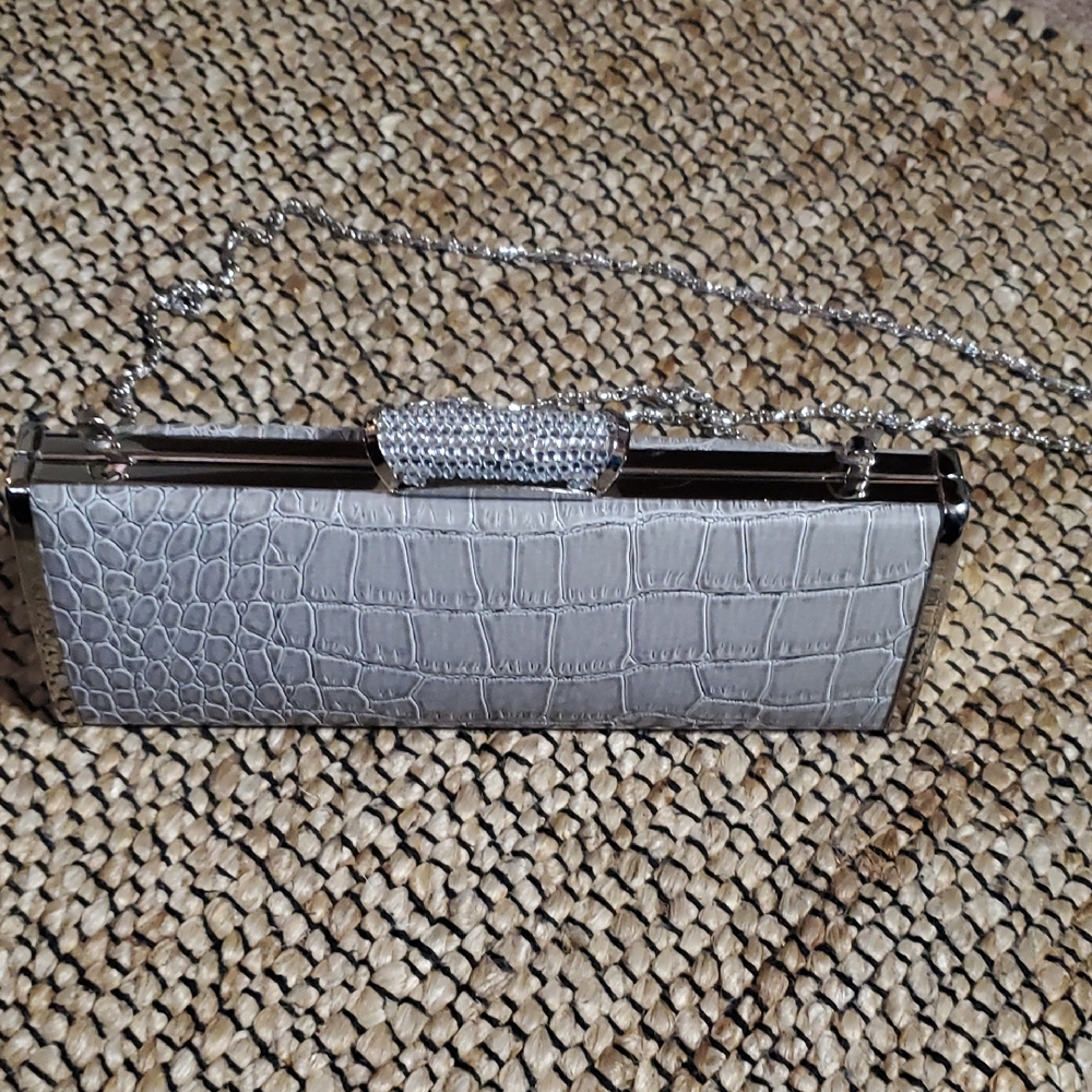 Elegant Silver Crocodile-Embossed Clutch